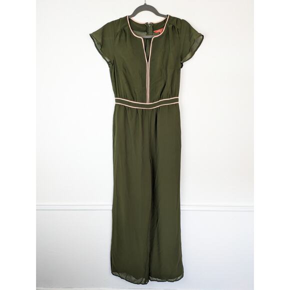 Modcloth Jumpsuit Intrigue Mastery Chiffon Wide Leg Olive Green Boho Size S - Picture 2 of 13